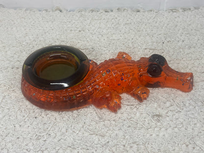 Vintage Lucite Alligator Ashtray - Orange Lucite with Green Glass Insert