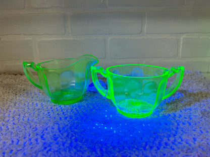 Vintage uranium glass cream and sugar set