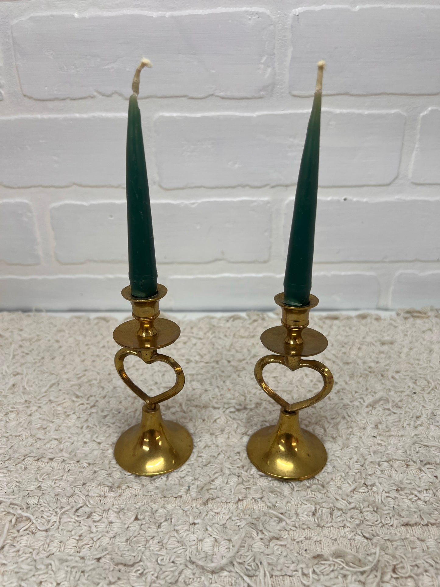Set of 2 Small Brass Open Heart Design Candlestick Holders