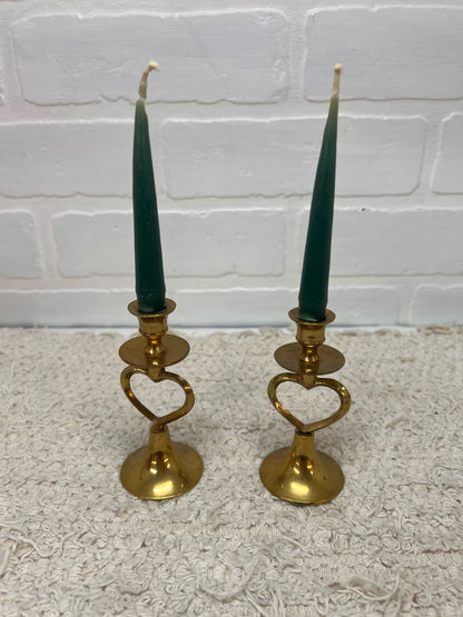 Set of 2 Small Brass Open Heart Design Candlestick Holders