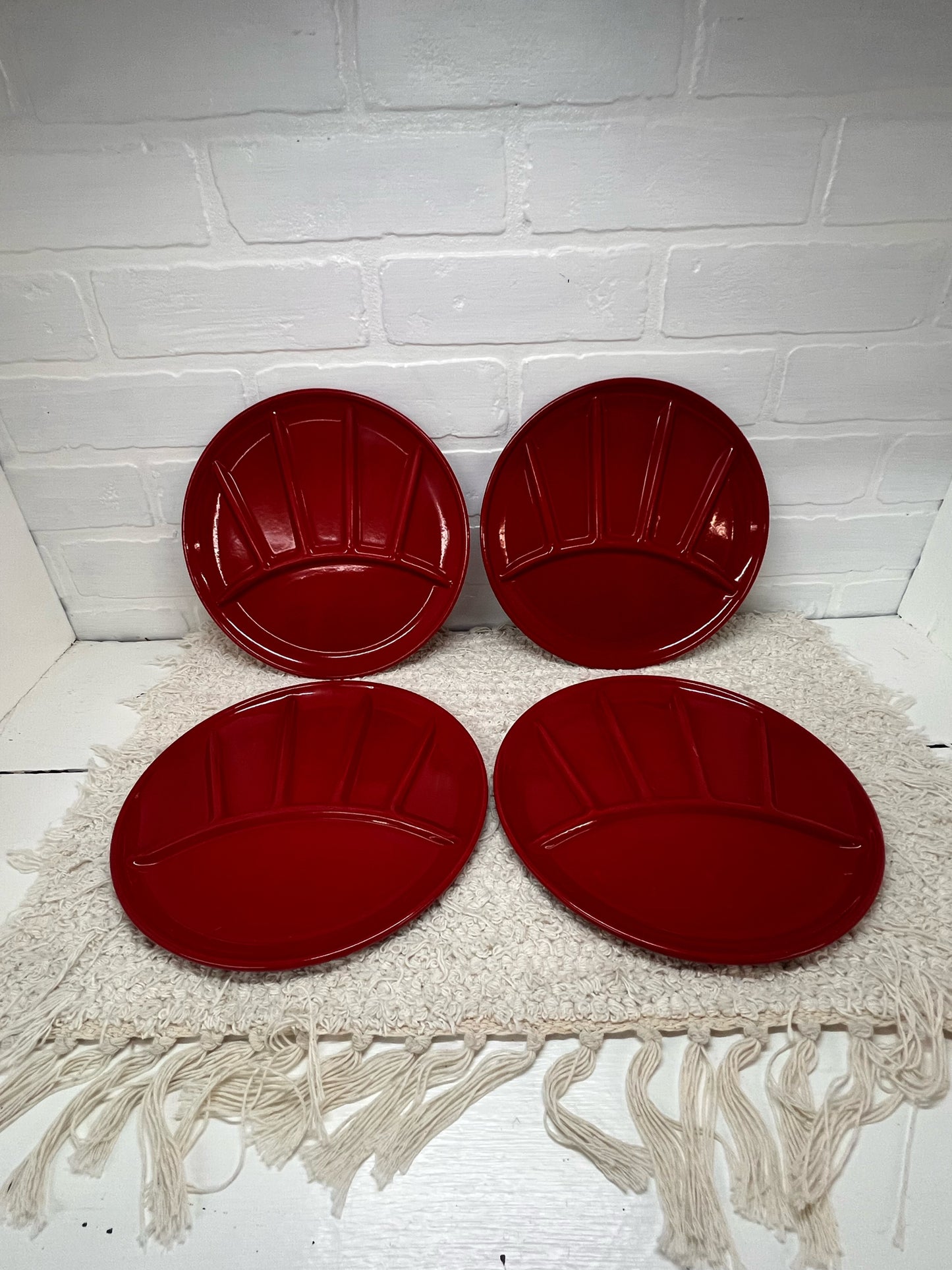 Set of 4 Vintage Red Enamelware Plates - Divided