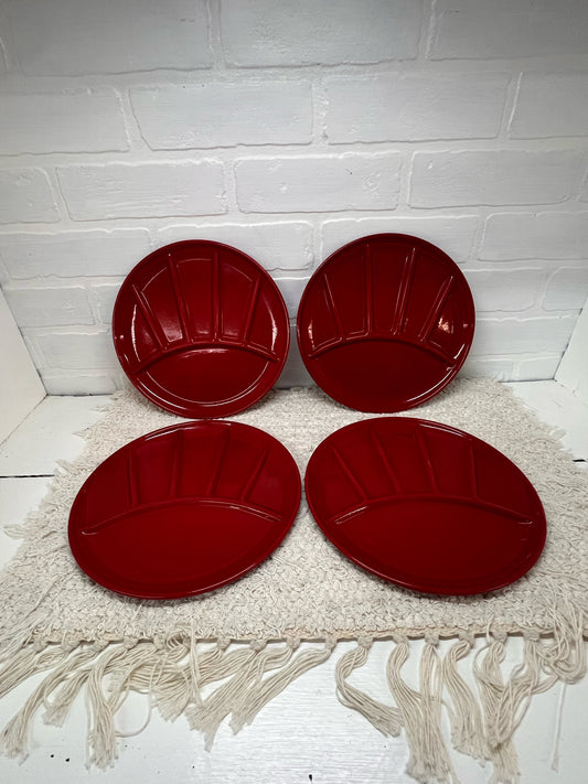 Set of 4 Vintage Red Enamelware Plates - Divided