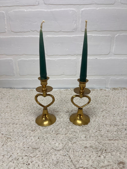 Set of 2 Small Brass Open Heart Design Candlestick Holders