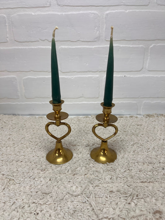 Set of 2 Small Brass Open Heart Design Candlestick Holders