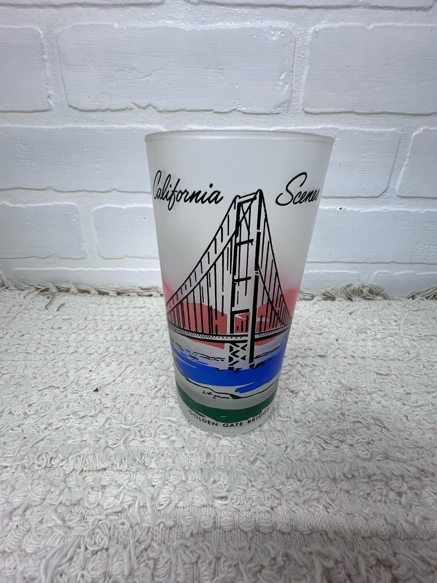 Vintage California Scenes Frosted Glasses Set of 8 Original Wire Carrier MCM Bar