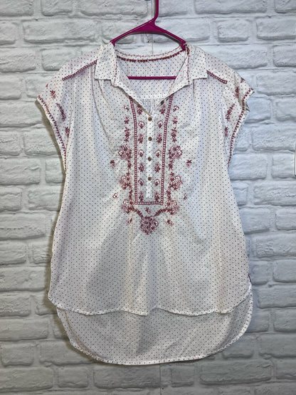 Size M Anthropologie Brown & White Dotted Embroidered Blouse