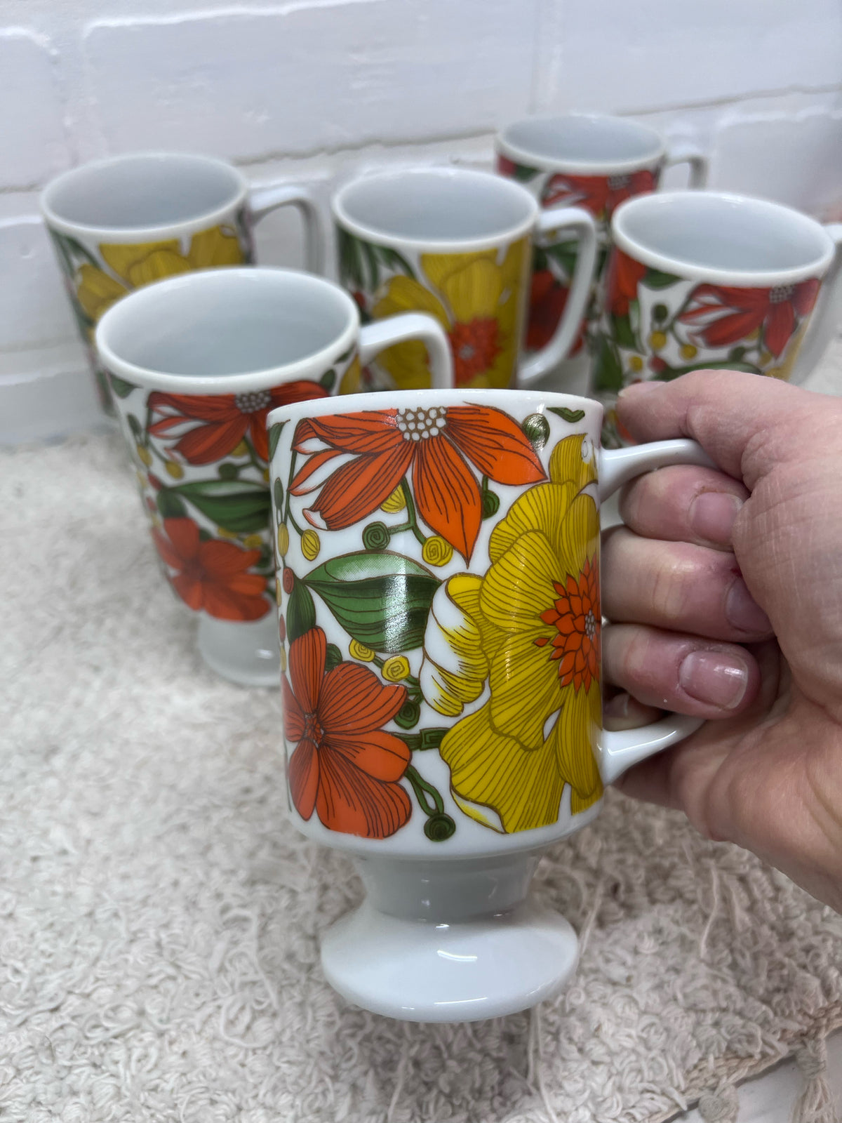 Set of 6 Circa 1970's Mod Flower Pedestal Mugs - Good Wood, Japan
