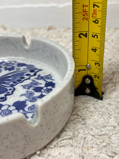 Vintage Cermic Ash Tray with Blue Butterfly Floral Design