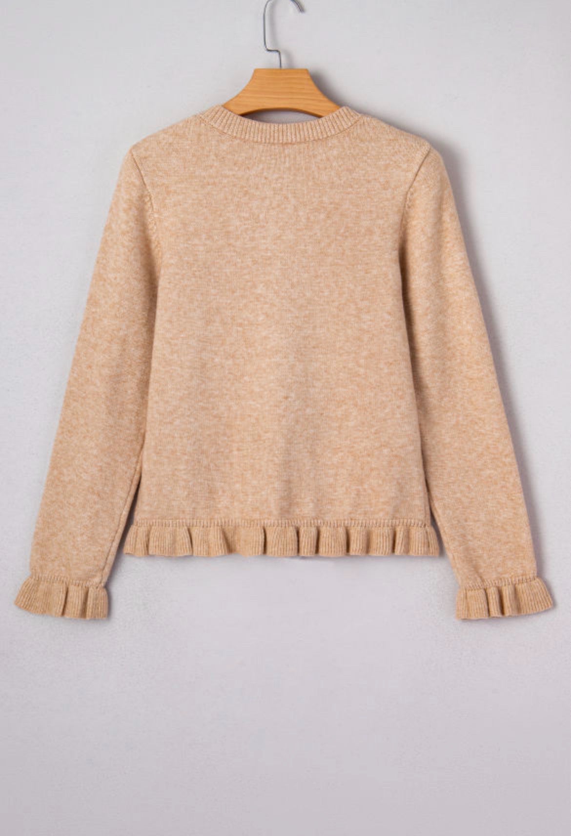 Oatmeal Ruffle Trim Gold Button Cardigan Sweater