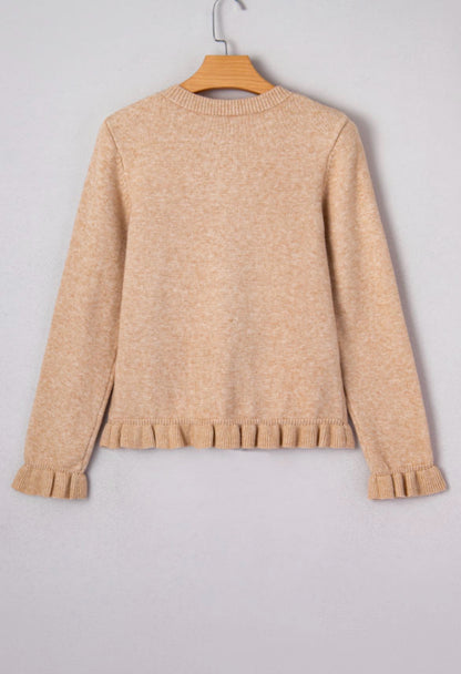 Oatmeal Ruffle Trim Gold Button Cardigan Sweater
