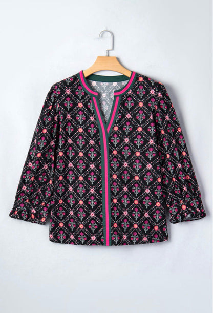 Black Contract V Neckline Bracelet Sleeve Floral  Blouse