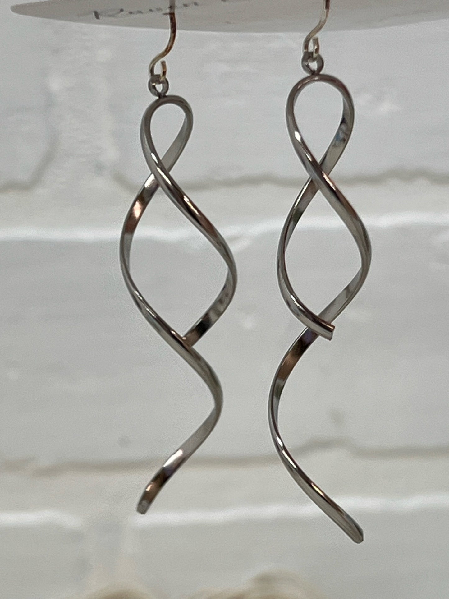 Raven & Rain Twisted Stainless Steel Earrings - Silver Dangle, 2.5"