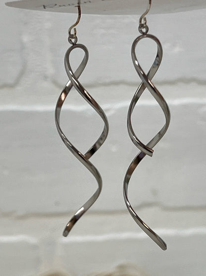 Raven & Rain Twisted Stainless Steel Earrings - Silver Dangle, 2.5"