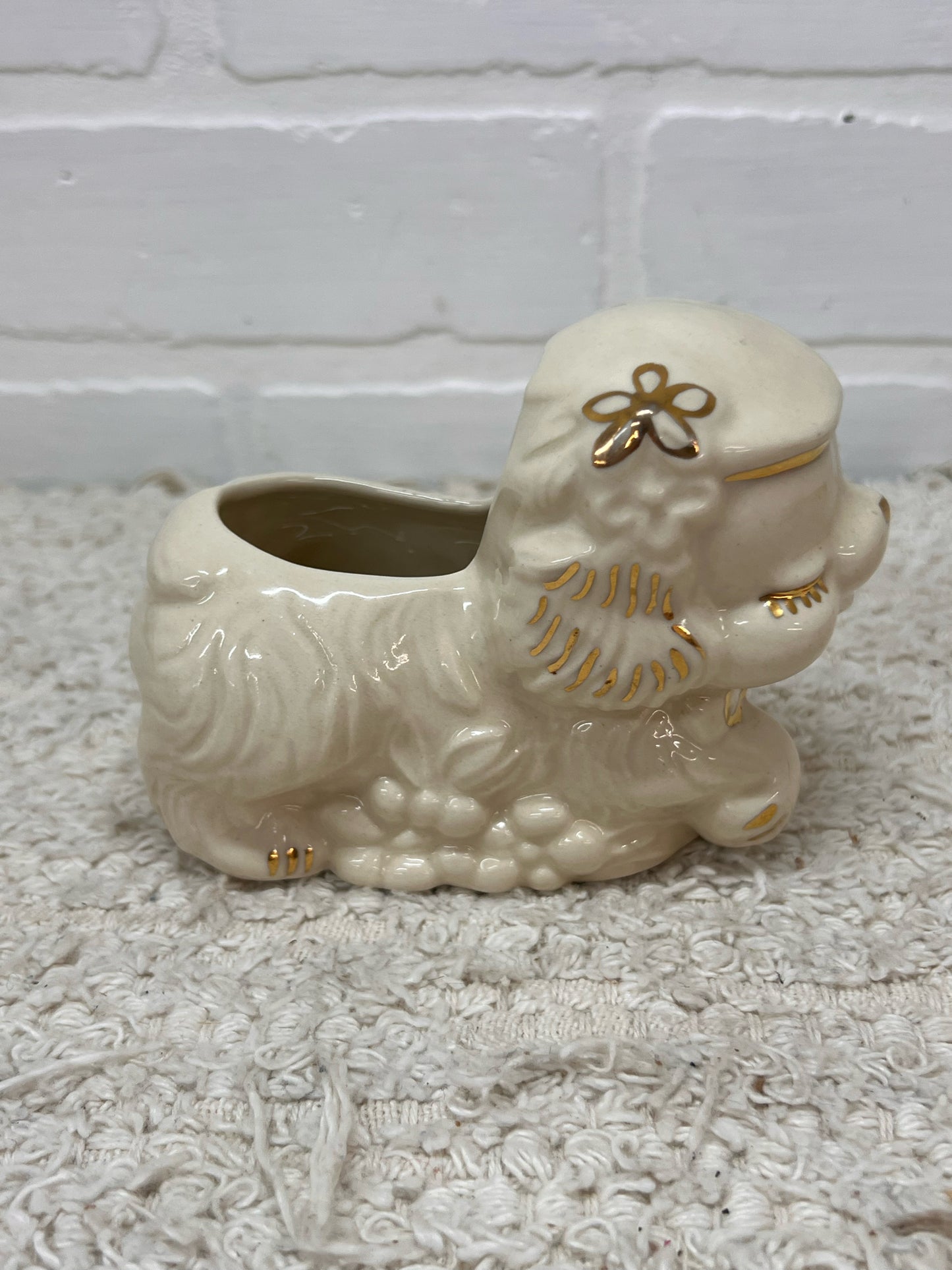 Vintage Sleeping Puppy Planter in Gold & White