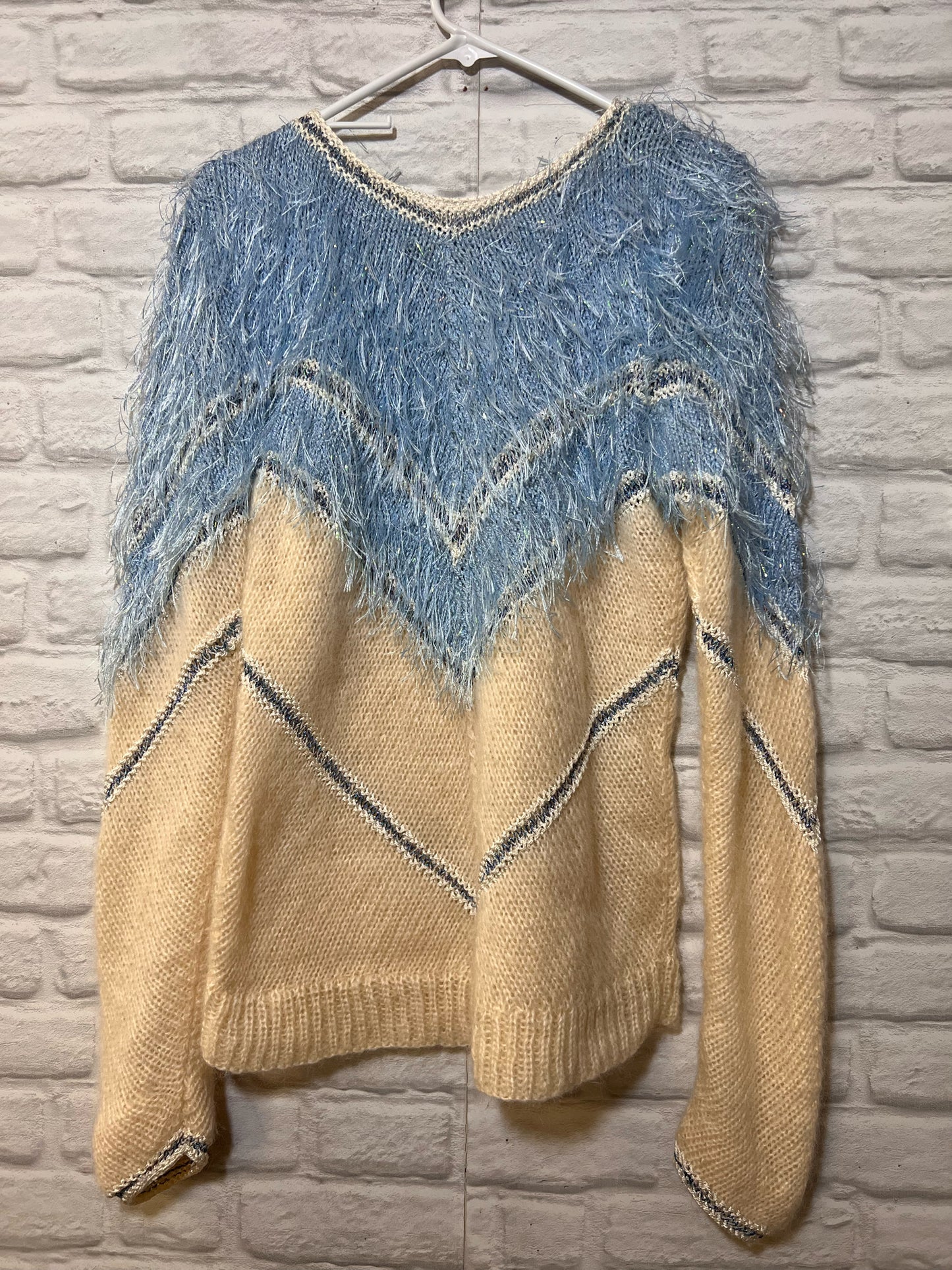 Handmade 80's Chevron Knit Blue & White Sweater w/ Metallic Fringe