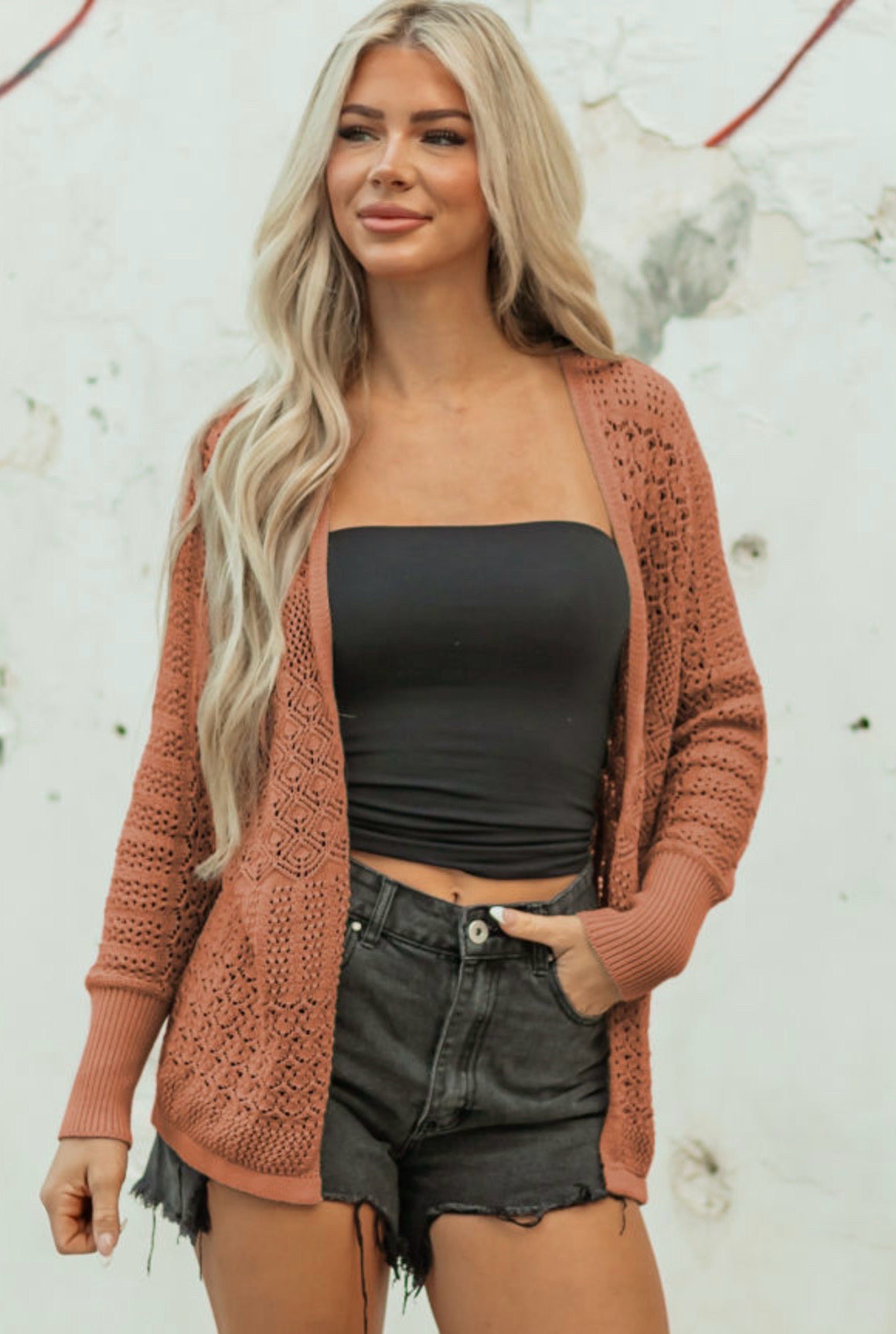 Redwood Burl Patterned Open Knit Cardigan Sweater