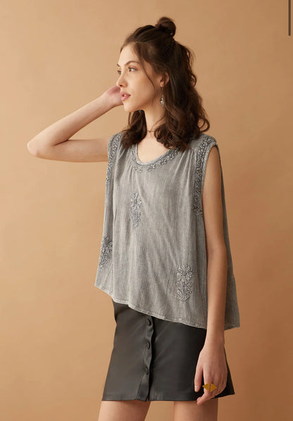 Bohera Arya Embroidered Washed Top in Gray