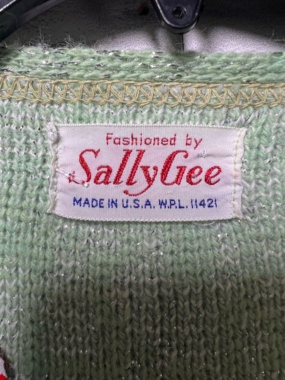 Size M Sally Gee Vintage Mint Green Cardigan with Metallic Detail