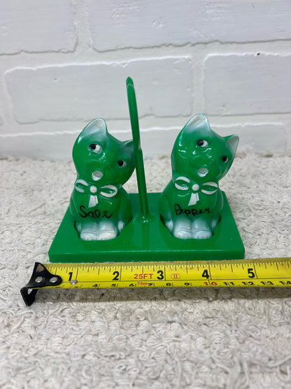 Green Plastic Kitty Vintage Salt & Pepper Shakers w/ Original Stand
