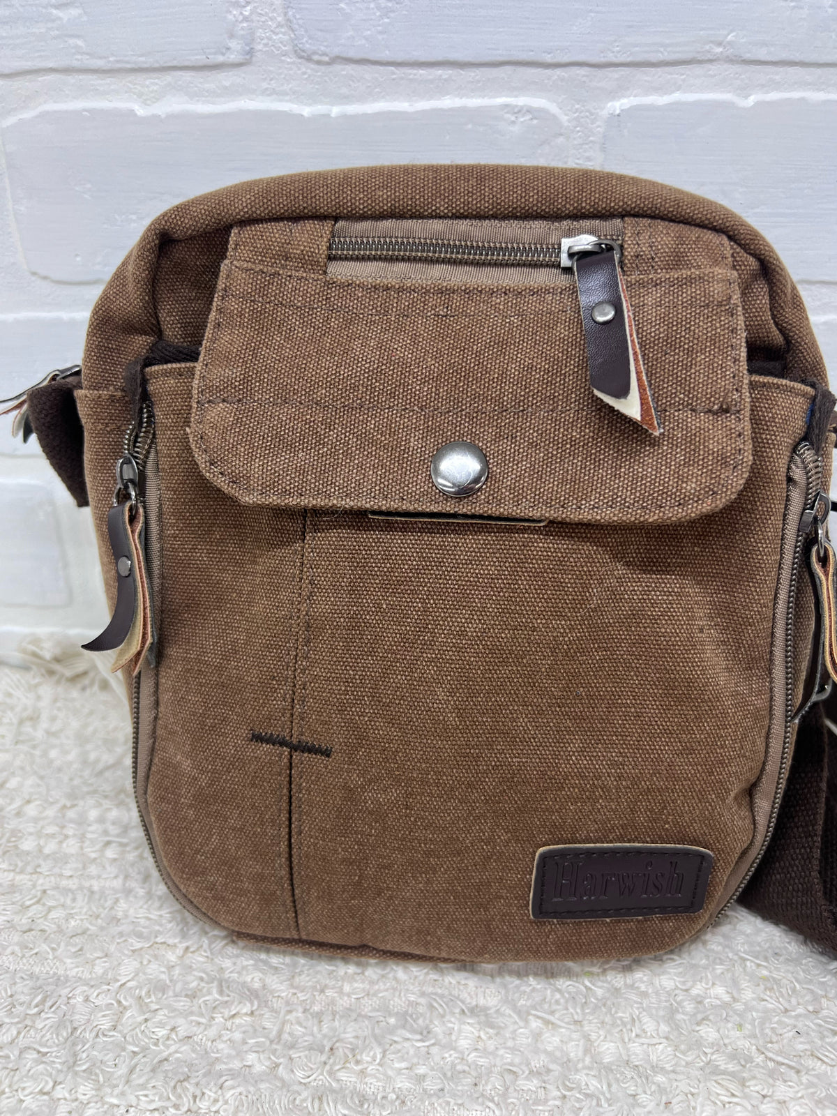 Harwish  Brown Canvas Square Crossbody Bag
