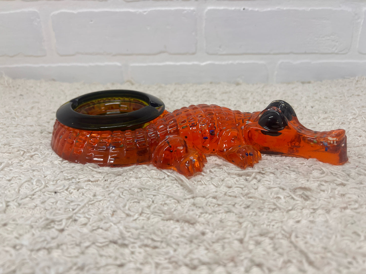 Vintage Lucite Alligator Ashtray - Orange Lucite with Green Glass Insert