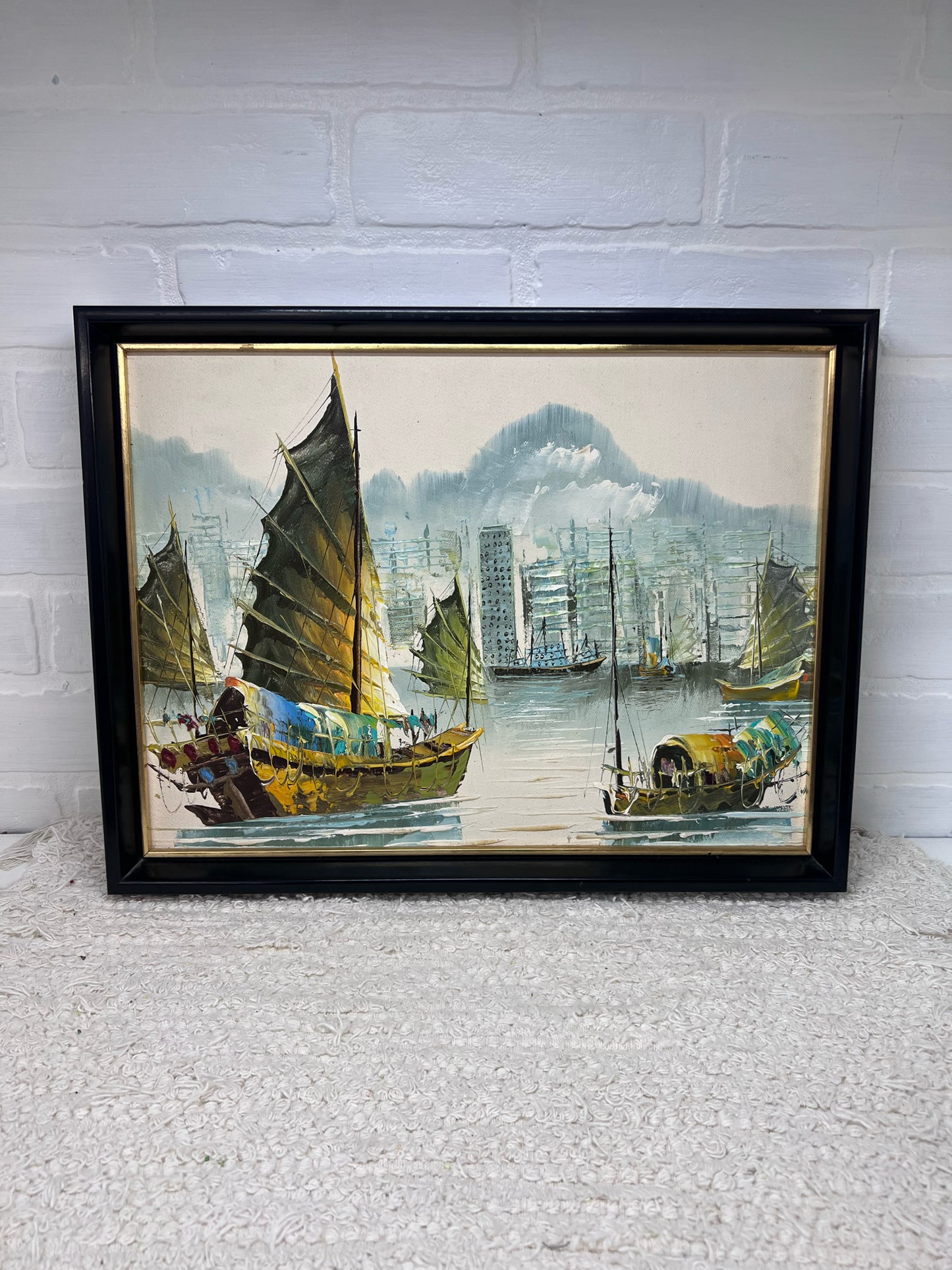 Vintage Framed Hong Kong Harbor Scene Original Painting