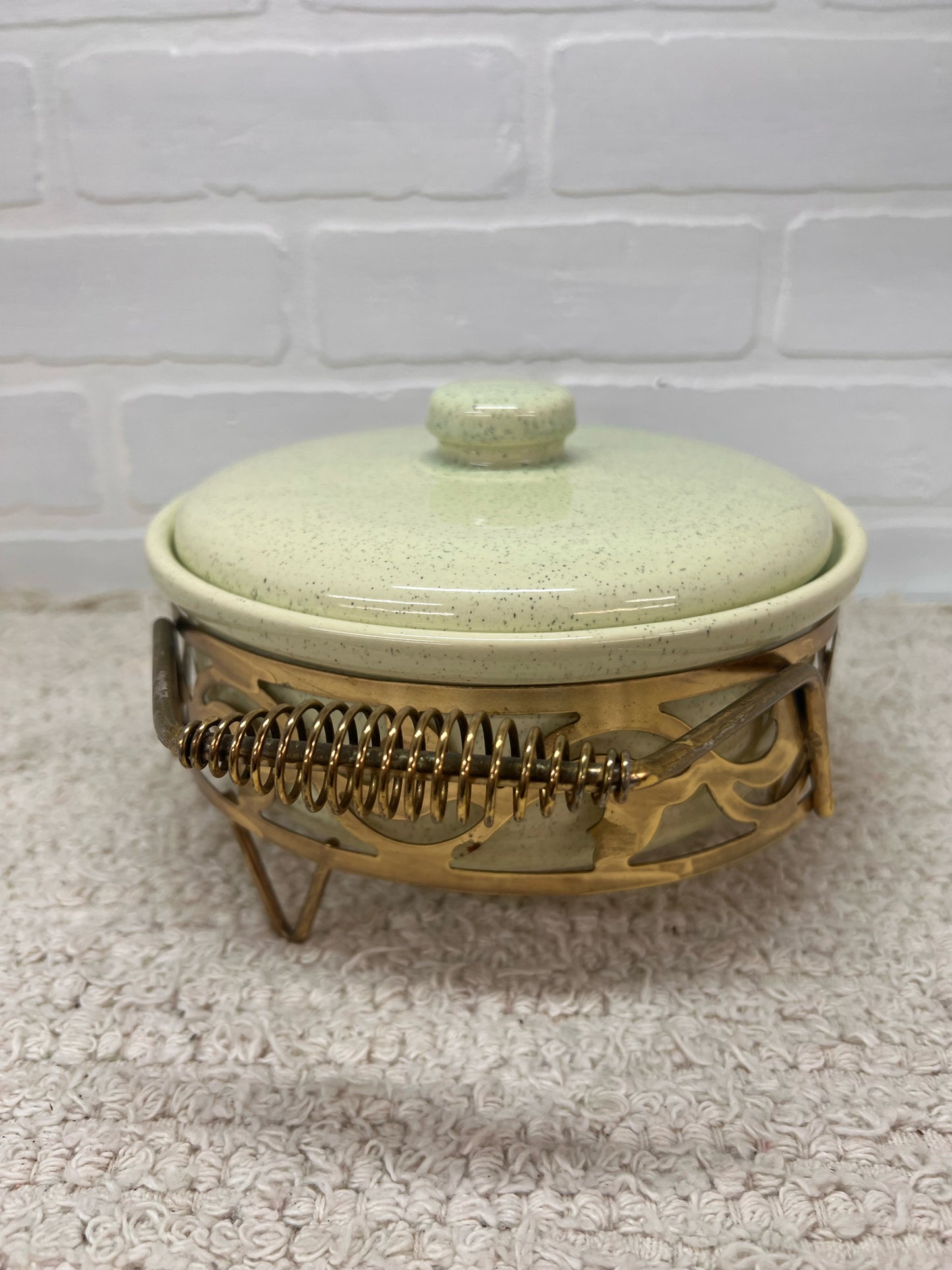 California Pottery MCM Mint Green Speckled Lidded Casserole Dish in Brass Caddy