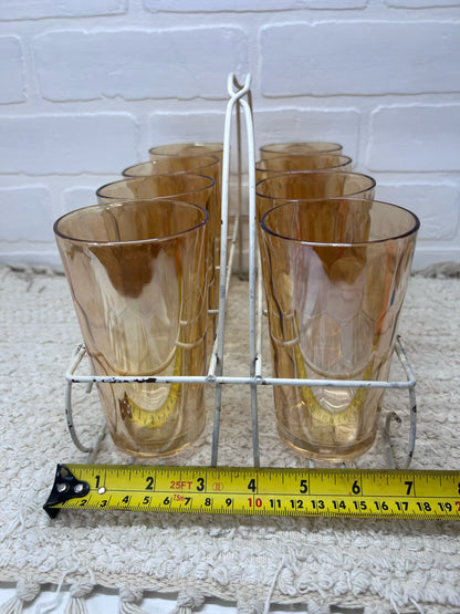 Jeannette Glass Glass set 8 orange glasses in caddy