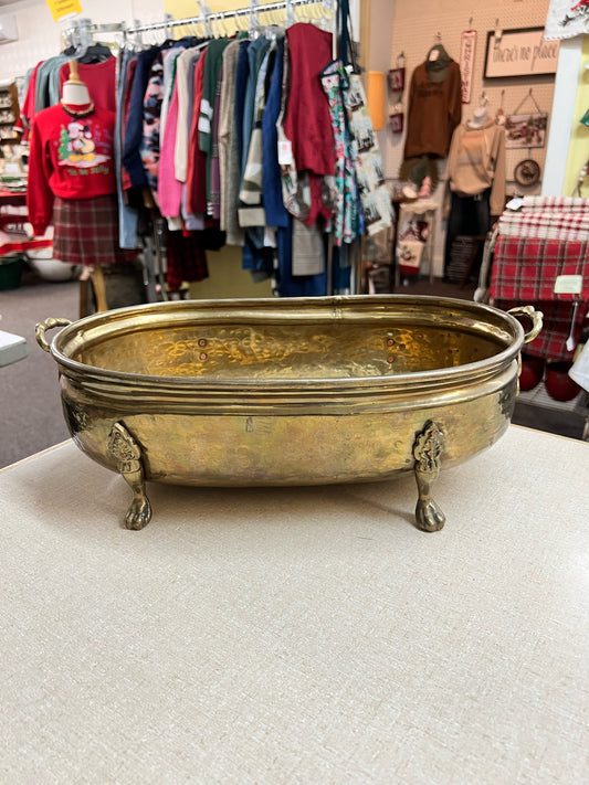 Footed hammered brass shallow oval planter