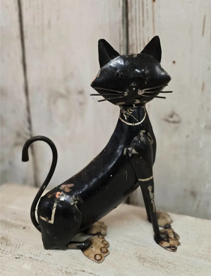 Distressed Black Metal Cat Statue