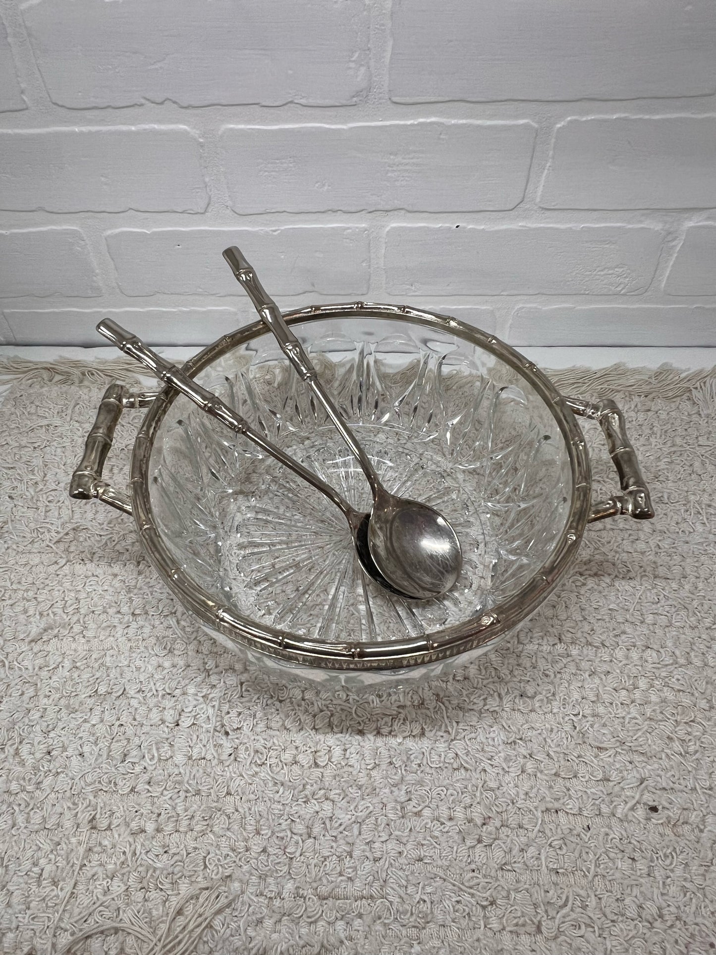 Vintage Cut Glass Serving Bowl w/ Silver Plated Trim and Serving Utensils