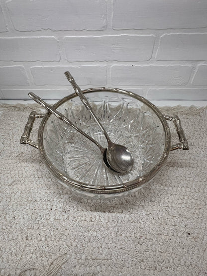 Vintage Cut Glass Serving Bowl w/ Silver Plated Trim and Serving Utensils