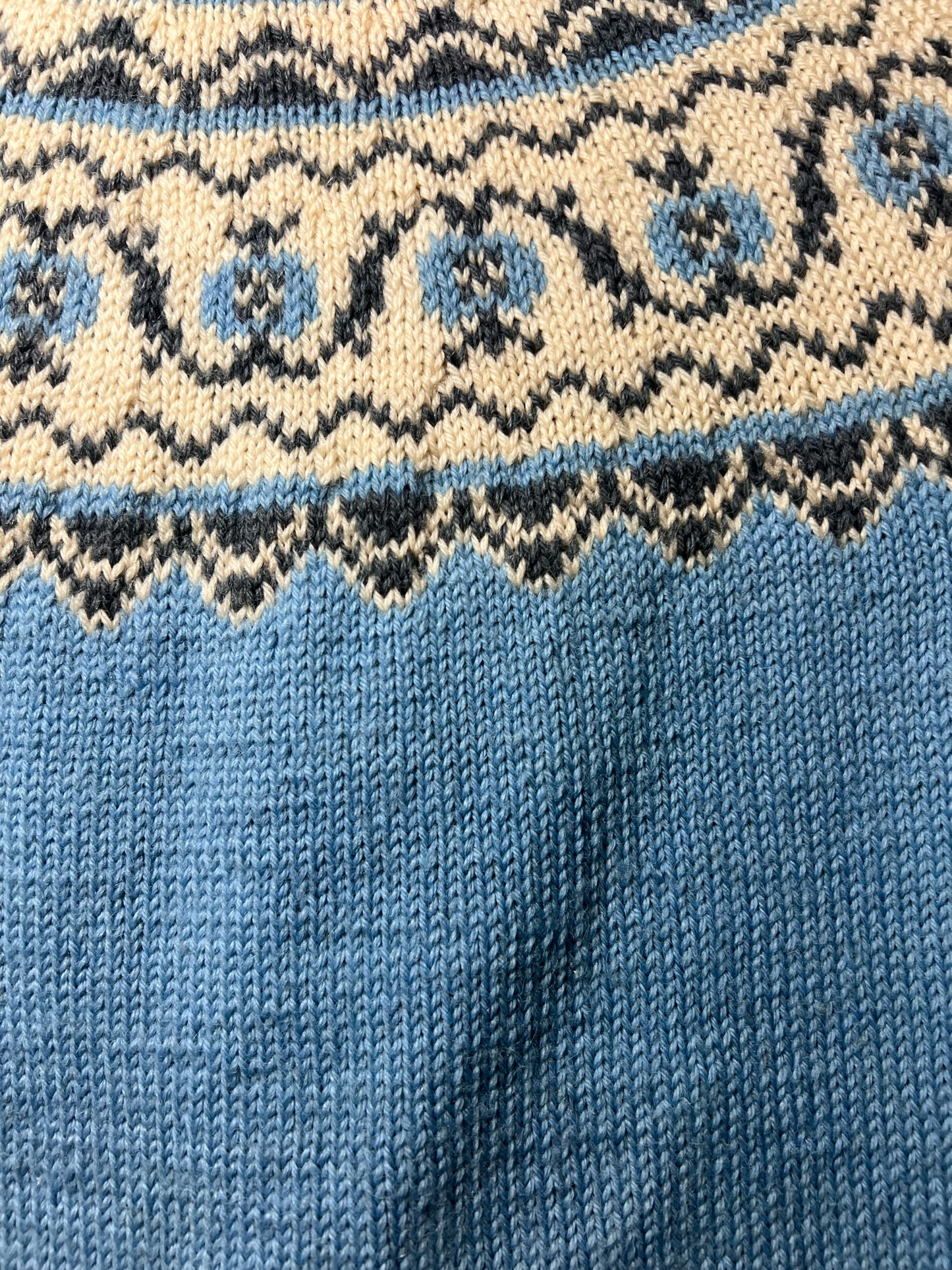 Size S Norway Design Blue, White & Gray Fair Isle Knit Wool Cardigan