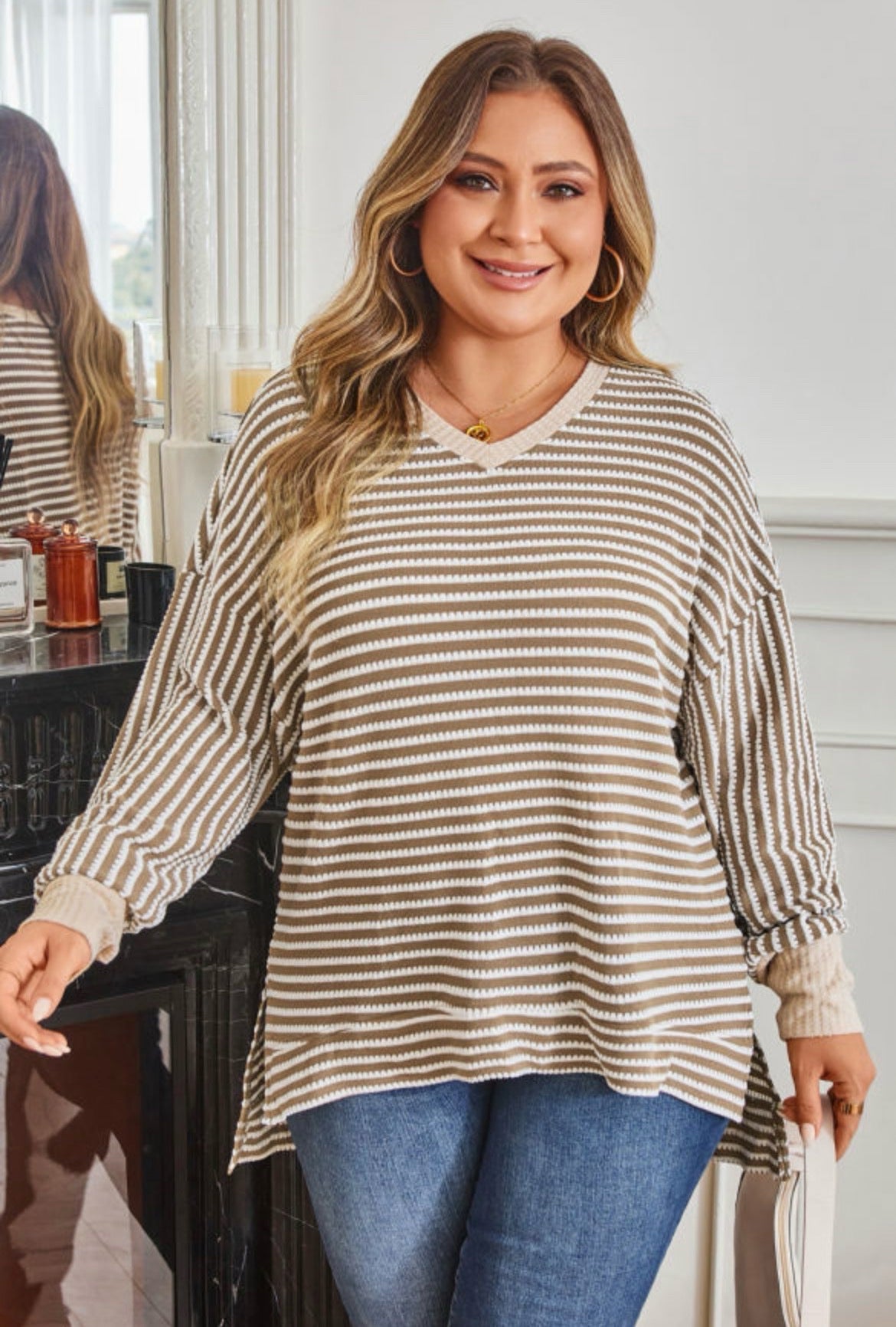 Khaki Stripe Textured Dolman Sleeve High Low Top Sizes 1X - 2X - 3X