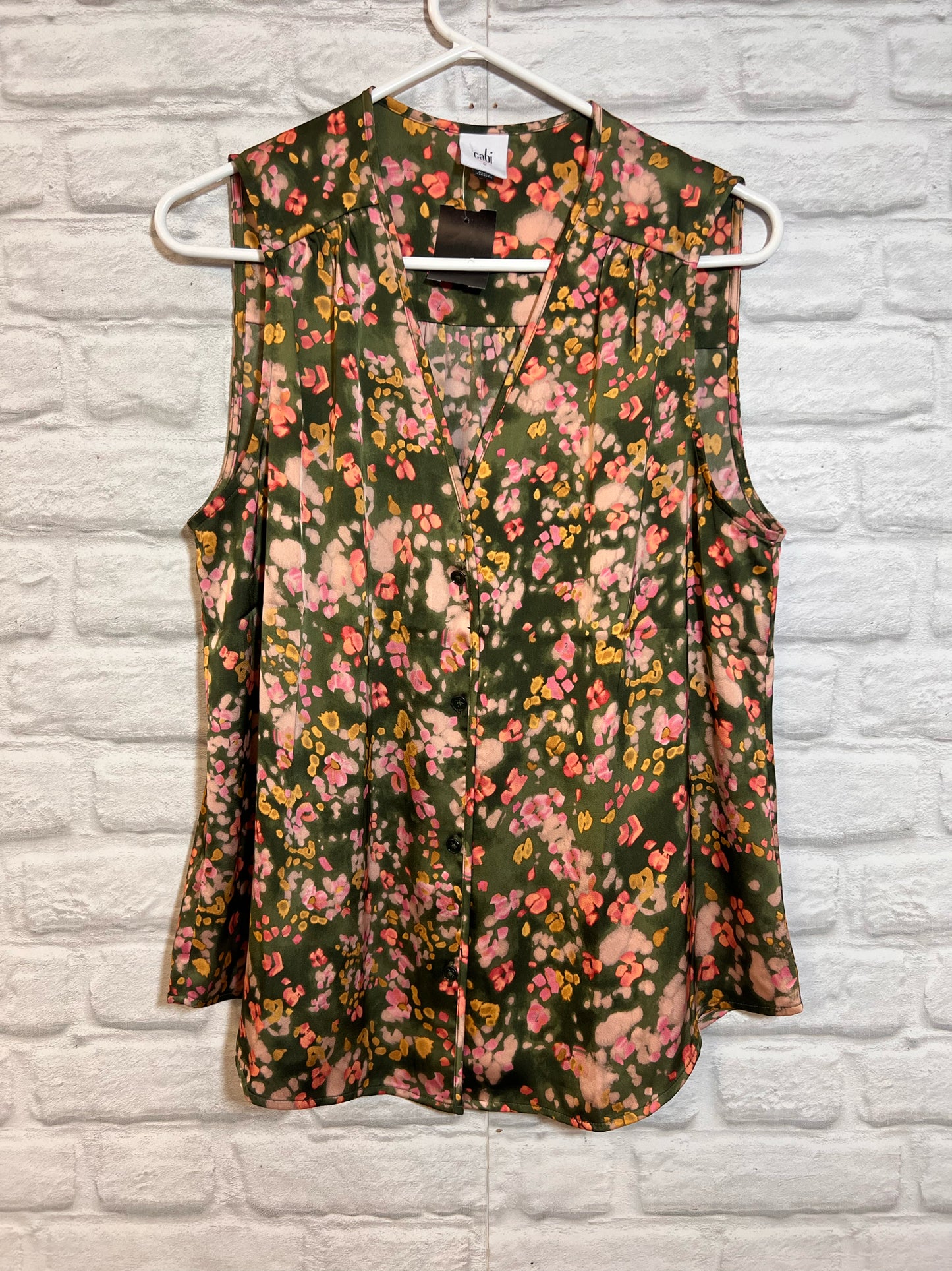 Size L CAbi Green & Pink Sleeveless Blouse