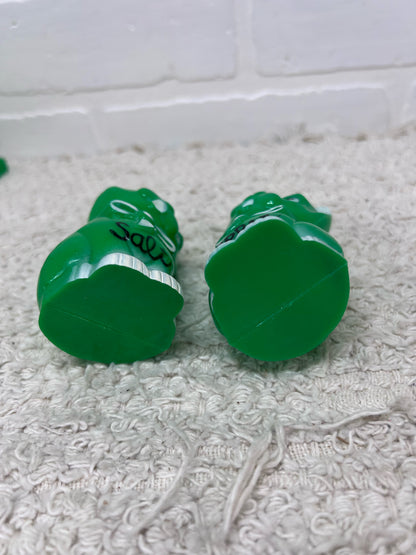 Green Plastic Kitty Vintage Salt & Pepper Shakers w/ Original Stand
