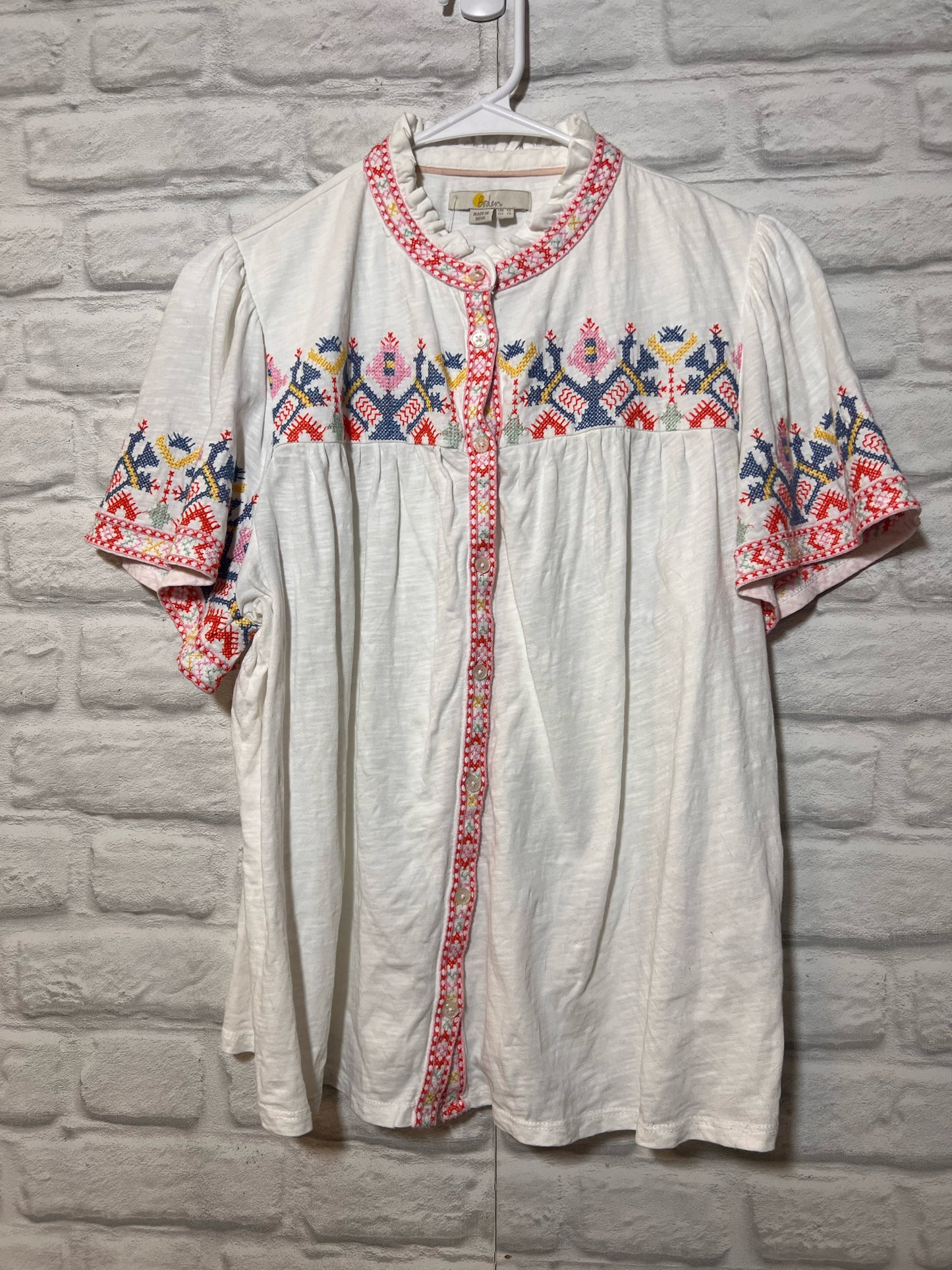 Size 12 Boden White Cotton Button Down Top w/ Embroidered Detail