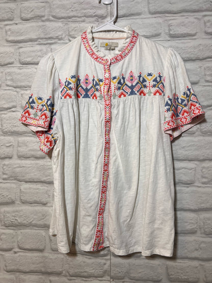 Size 12 Boden White Cotton Button Down Top w/ Embroidered Detail