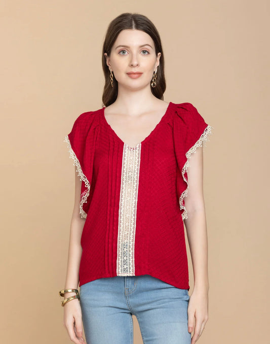 Bohera Shania Red Embroidered Lace Top