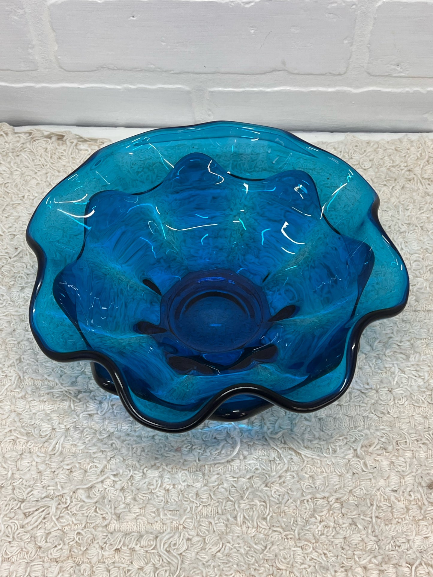 Viking Glass MCM Double Ruffle Blue Blown Glass Bowl