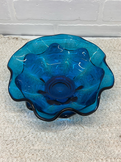 Viking Glass MCM Double Ruffle Blue Blown Glass Bowl