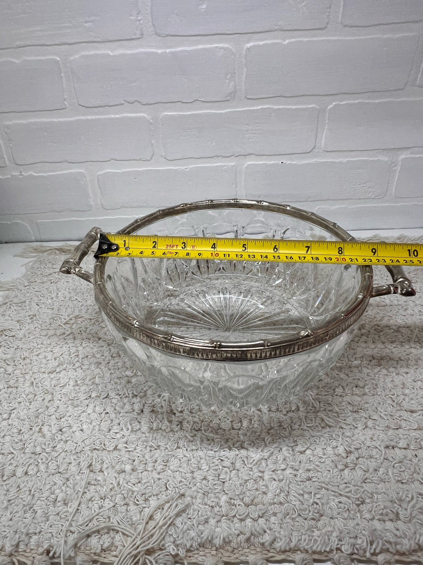 Vintage Cut Glass Serving Bowl w/ Silver Plated Trim and Serving Utensils