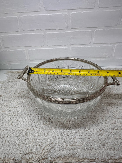 Vintage Cut Glass Serving Bowl w/ Silver Plated Trim and Serving Utensils