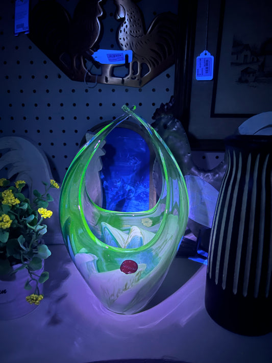 Vintage Murano Hand Blown Art Glass Basket Vase - Uranium Glass