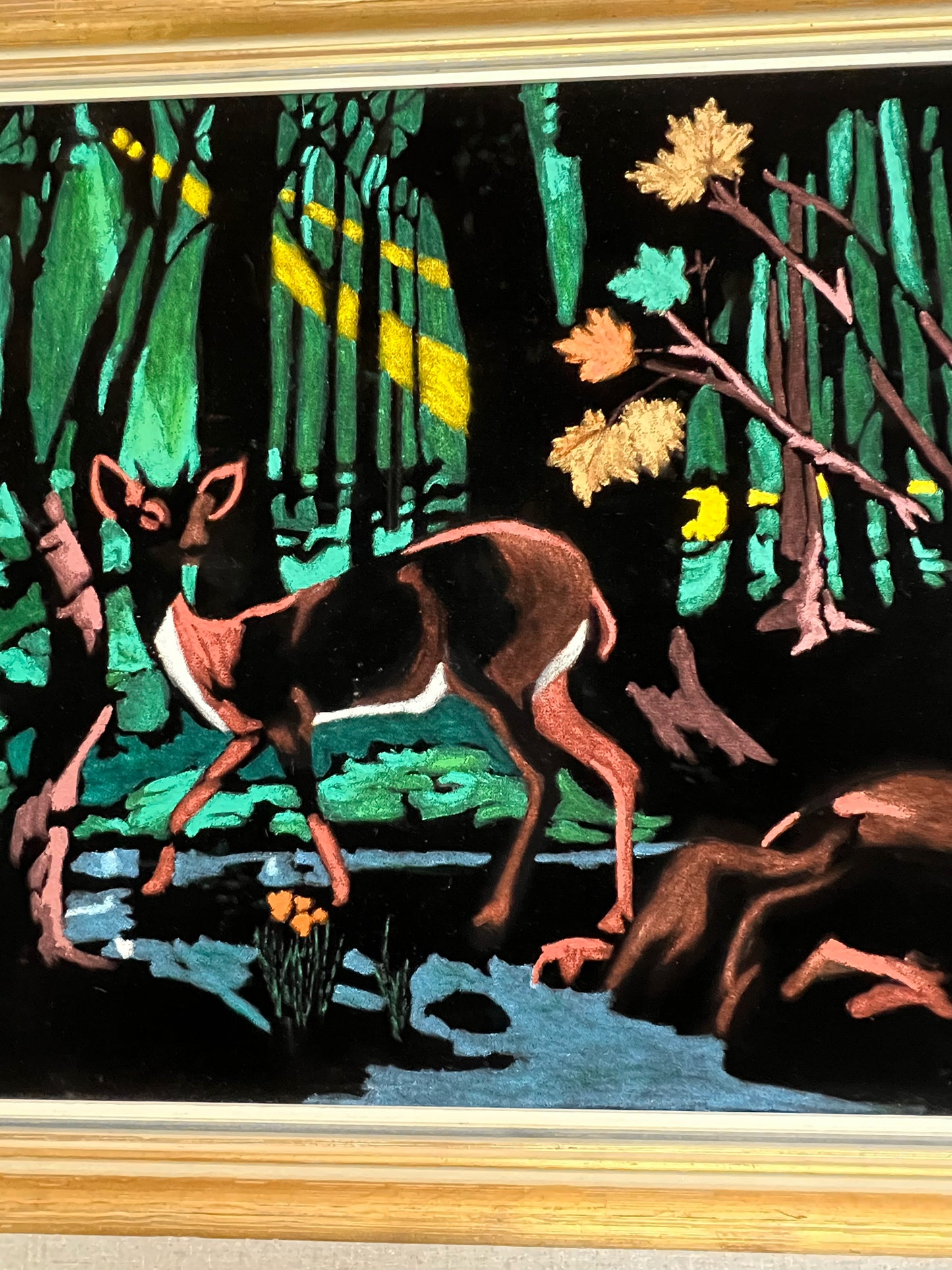 Vintage Paint By Numbers Deer on Black Velvet Framed Painting