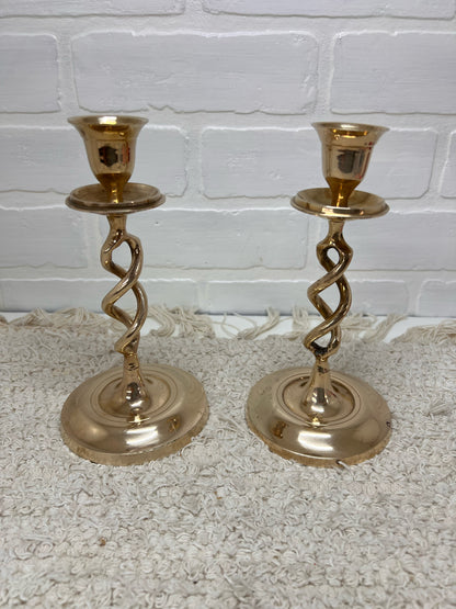 Pair of Vintage Twisted Brass Candlesticks