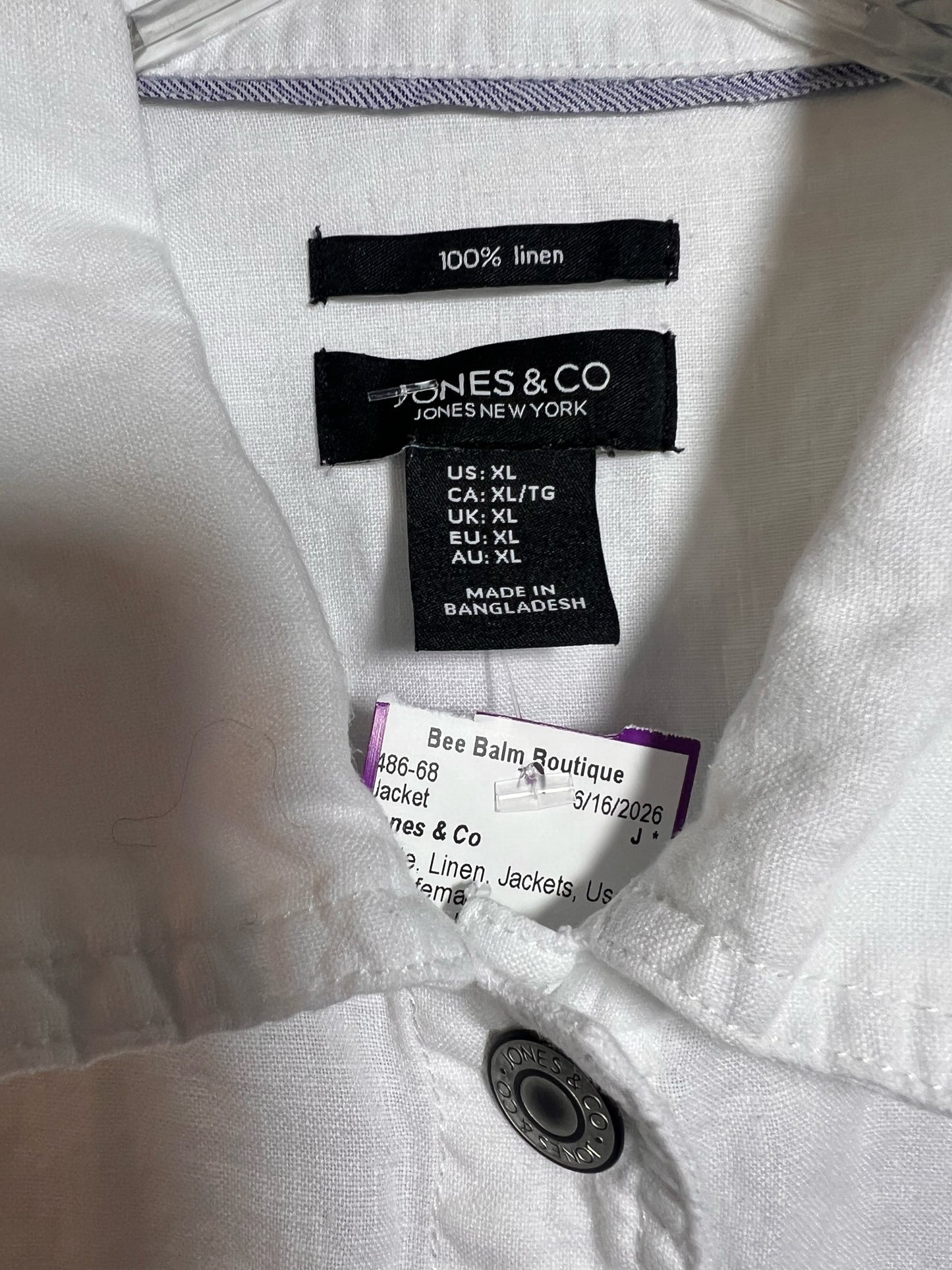 Size XL Jones & Co Linen White Jacket