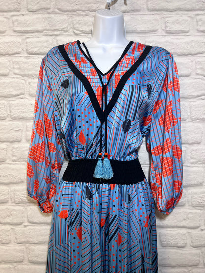Diane Freis Vintage 1980's Blue Multi Print Midi Dress