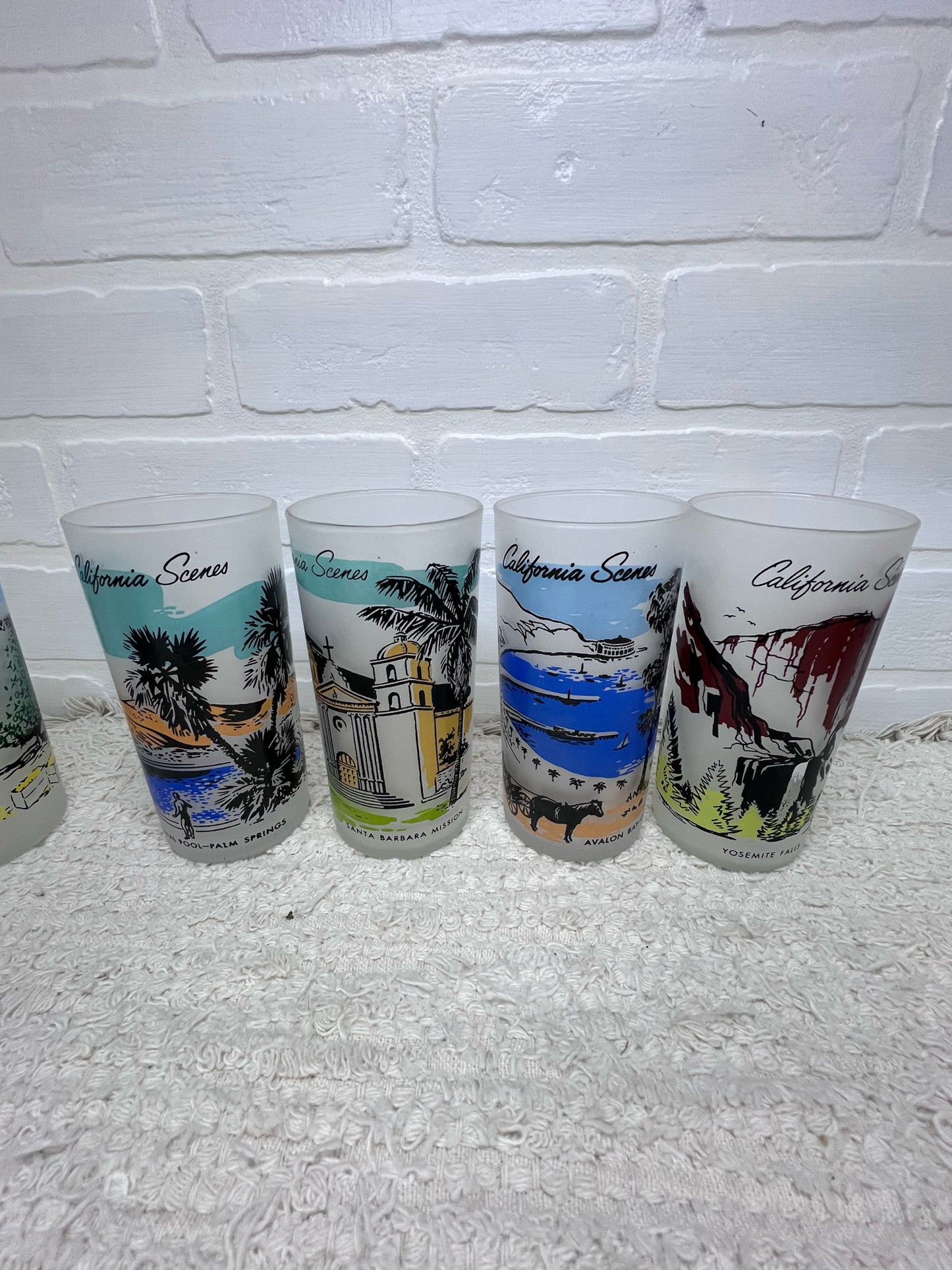 Vintage California Scenes Frosted Glasses Set of 8 Original Wire Carrier MCM Bar