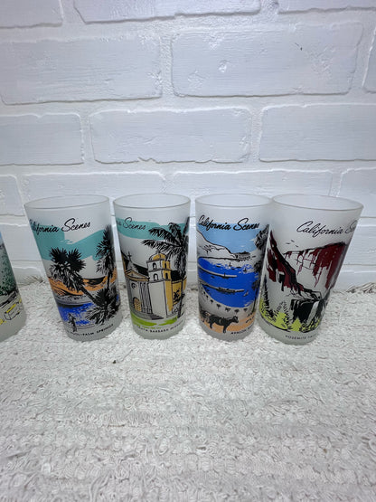 Vintage California Scenes Frosted Glasses Set of 8 Original Wire Carrier MCM Bar